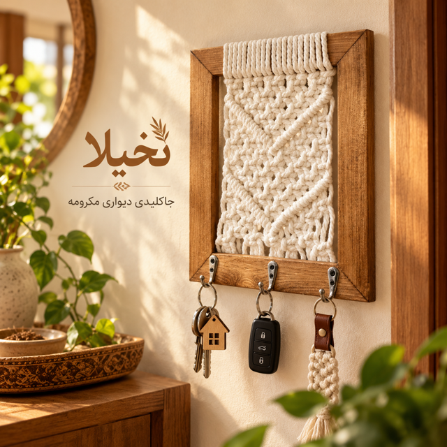 جاکلیدی دیواری نخیلا با بافت سفید مکرومه در دکوراسیون گرم و طبیعی منزل