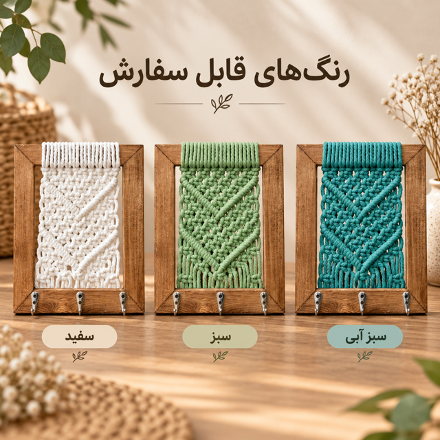 نمایش سه رنگ سفید، سبز و سبزآبی جاکلیدی دیواری مکرومه نخیلا